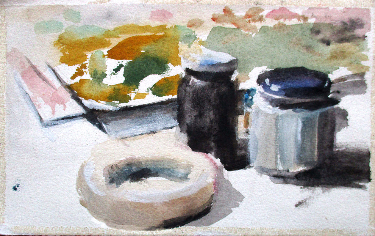 Akvarellmålning av tejprulle, två burkar och akvarellpapper. Svart, orange, grönt.