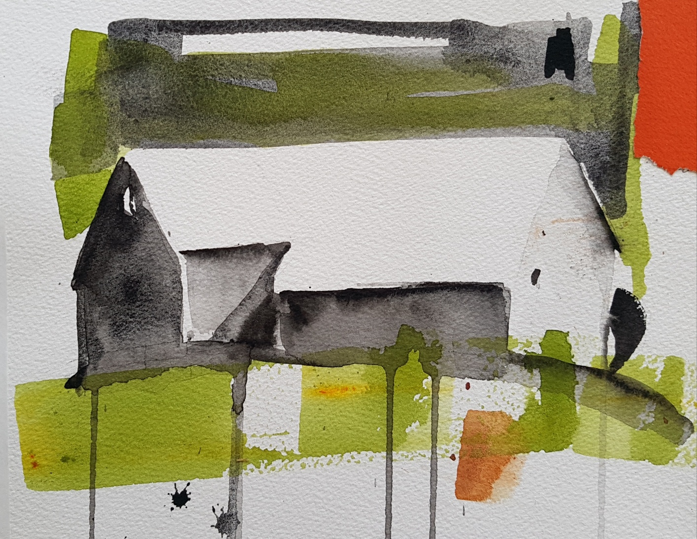 Målning av svart hus i grönt landskap.