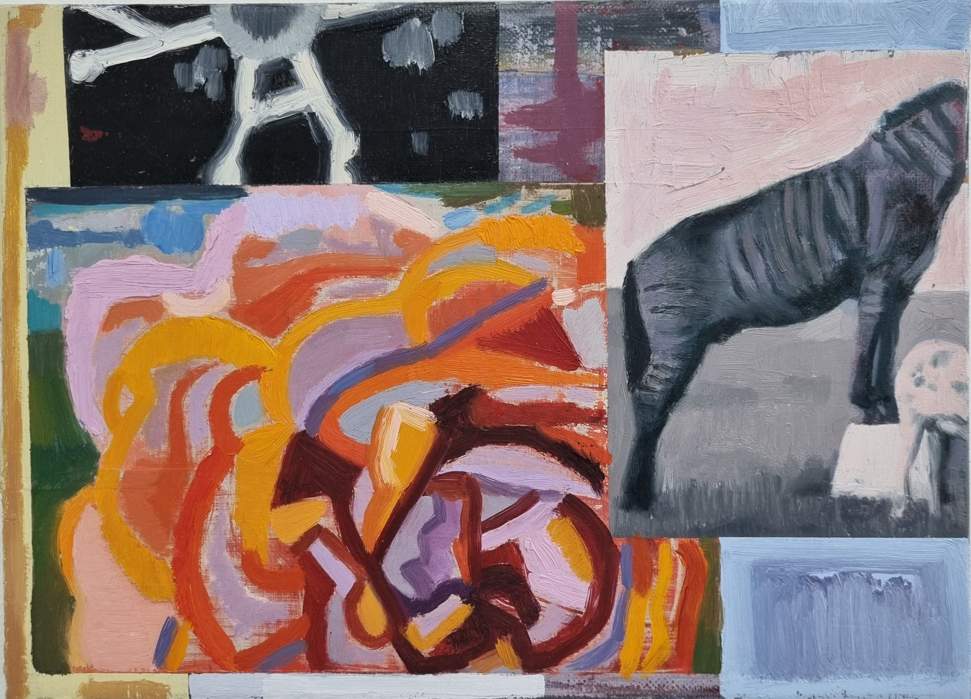 Målning med flera rutor. En ruta innehåller en realistiskt målad häst och två rutor har abstrakta mönster i klara färger.