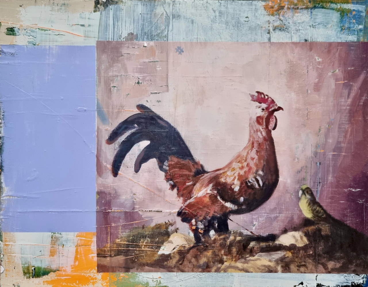Målning med blåtonad, abstrakt bakgrund. Rutmönster där en ruta har en realistisk målning av två fåglar.