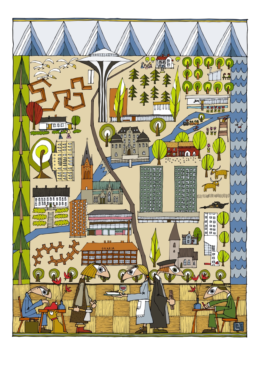 Grafisk, färglagd teckning av stadsmiljö. Ram med naturmönster. I förgrunden ett antal människor som arbetar.