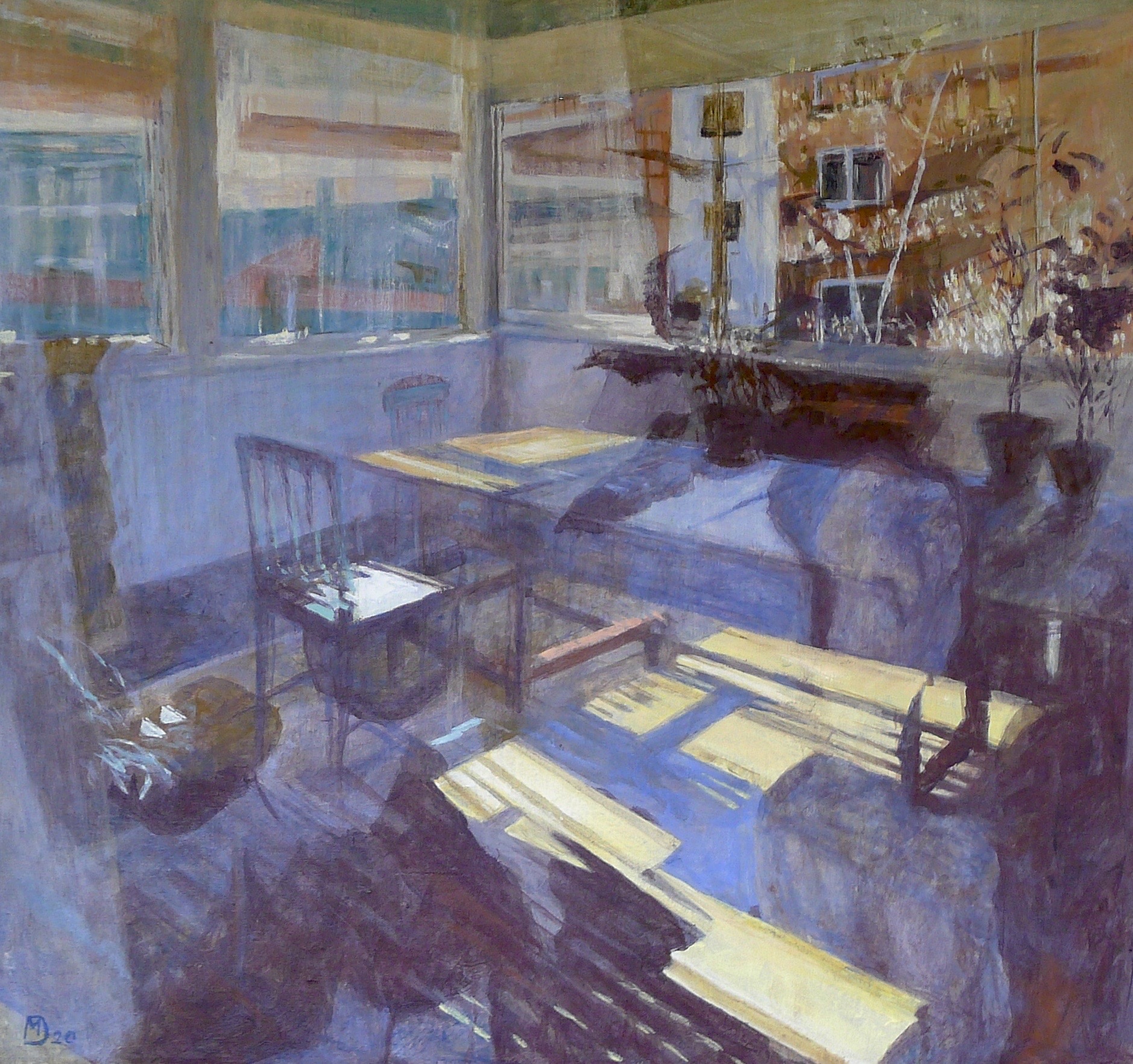 Spegling 31: Målning av rum med bord och stolar som speglas i fönster. 