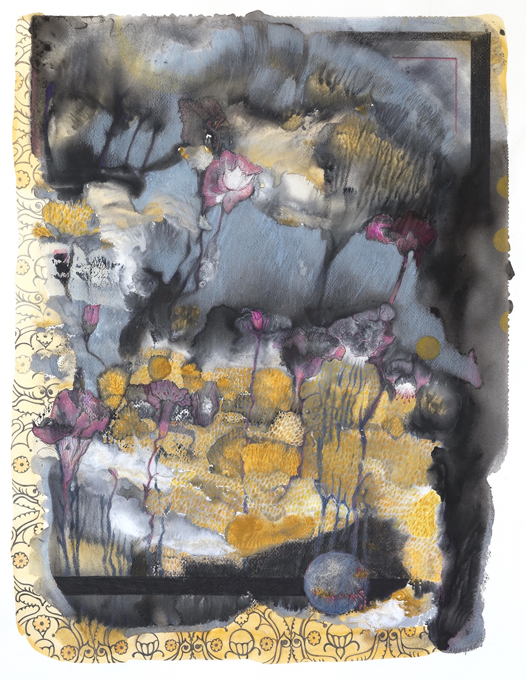 Målning med abstrakta och organiska former i gult, svart och rosa.