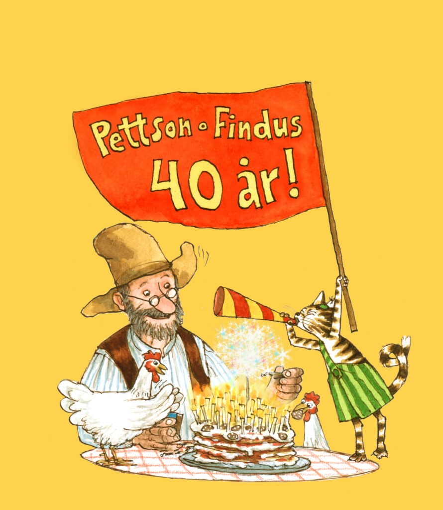 Illustration av Pettson och Findus som håller i en röd vimpel med texten Pettson och Findus 40 år. 
