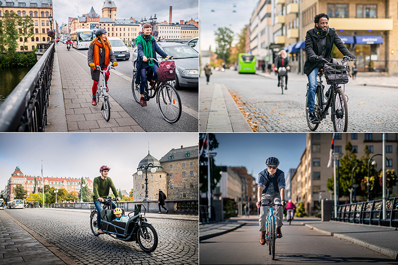 Bildcollage med bilder på cyklister i Norrköping, Eskilstuna, Örebro och Linköping