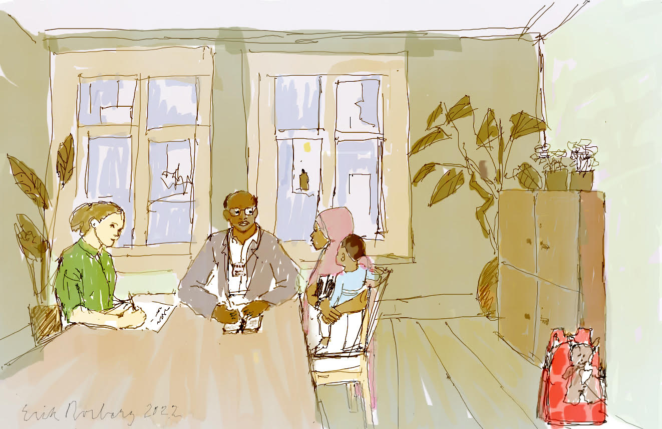 Tecknad bild av tolkat möte, tre vuxna och ett barn sitter vid ett bord