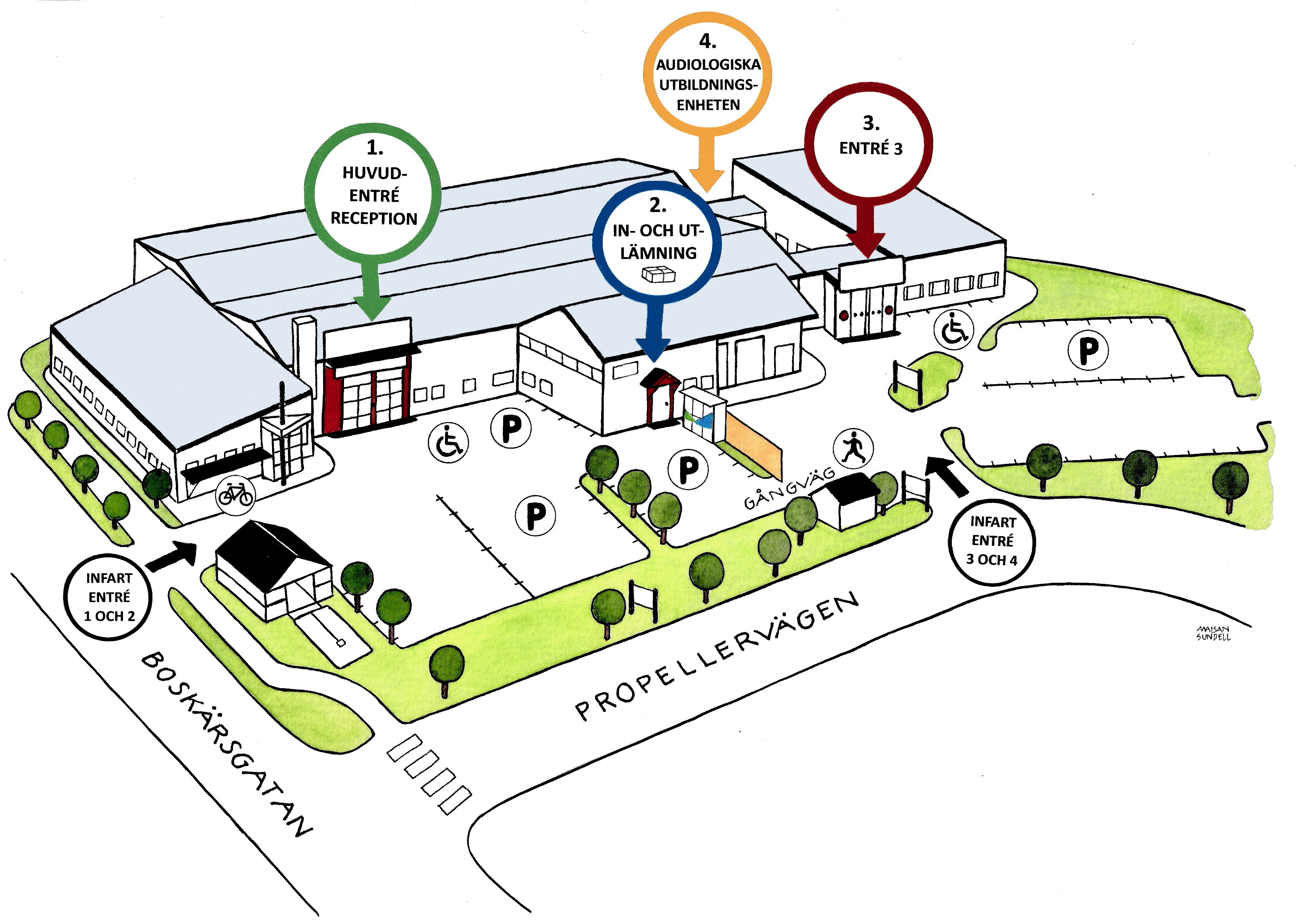 Illustrerad karta över Centrum för hjälpmedels olika entréer och parkeringar. Illustration Majsan Sundell