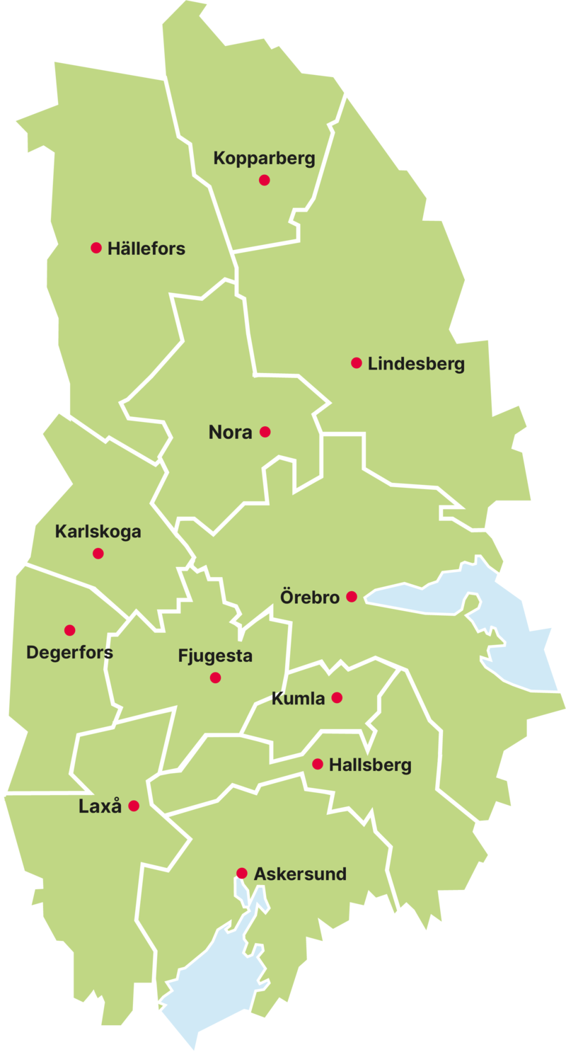 Karta Örebro län med kommuner och huvudorter