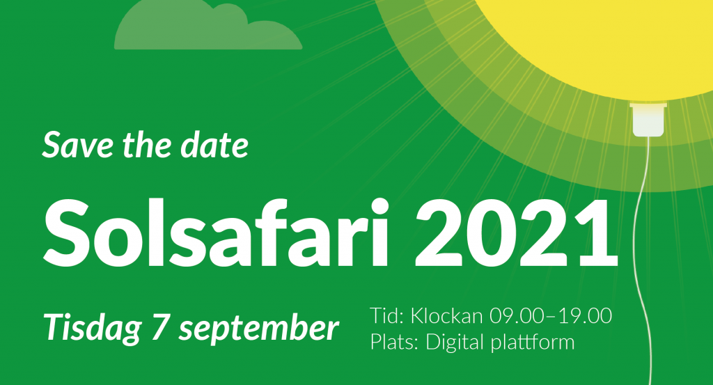 Texten "Solsafari 2021" på grön bakgrund med en sol
