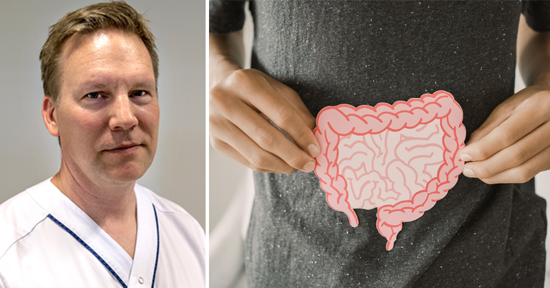 Bild på Nils Nyhlin, överläkare samt en illustrationsbild på en mage
