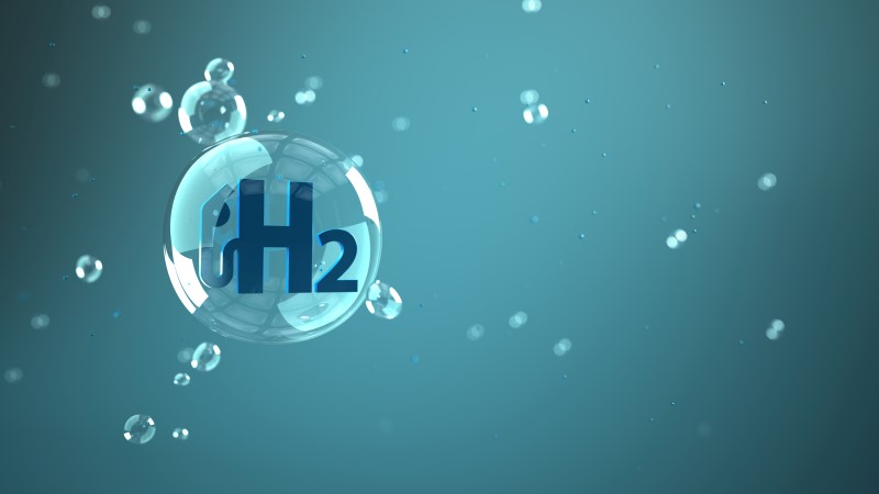 Blå bakgrund, en molekyl som det står H2 på