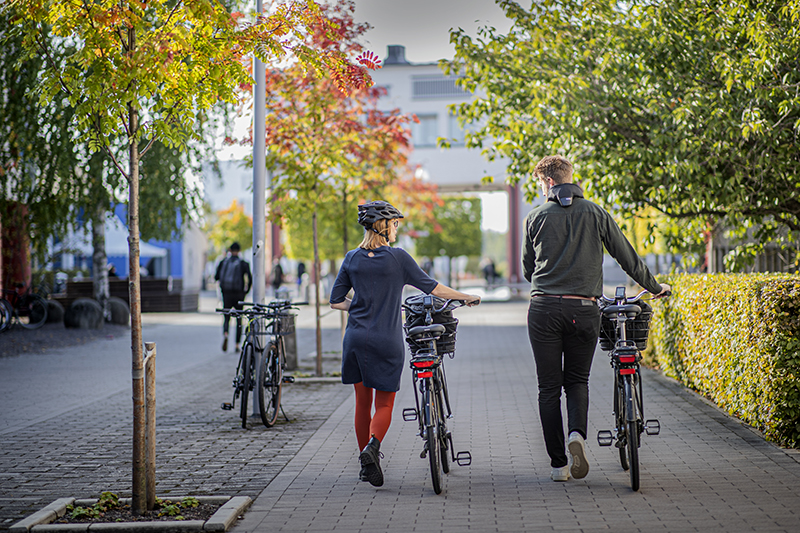 Två personer går med cyklar på Örebro universitets campus