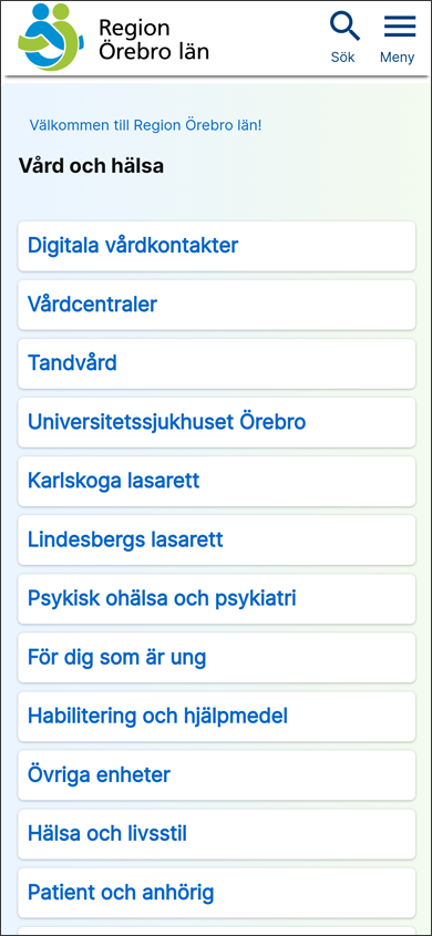 Skärmbild på regionorebrolan.se, ingången Vård och hälsa