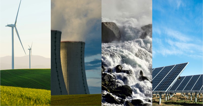 Collage av bilder med olika kraftslag: solel, vindkraft, vattenkraft och kärnkraft
