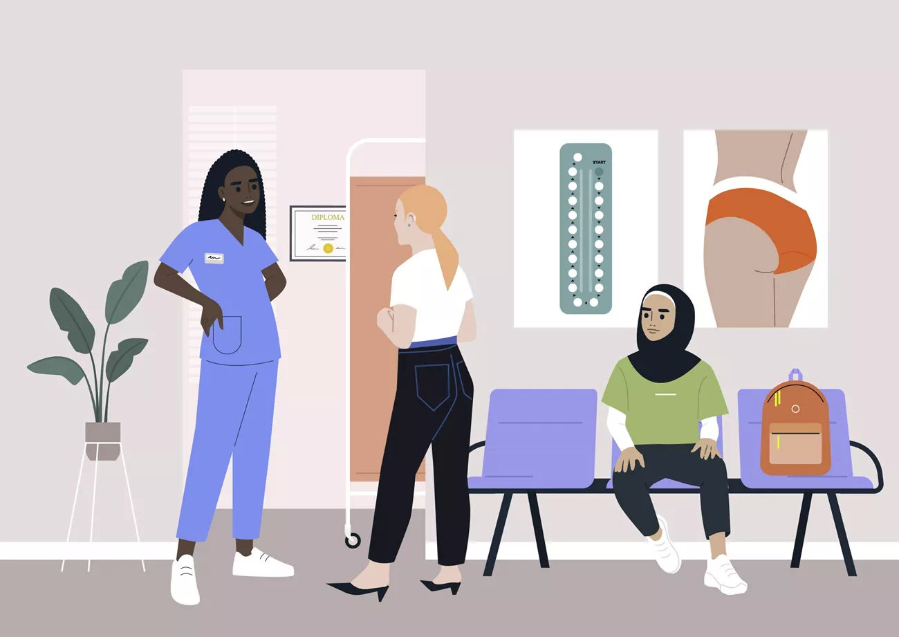 En reception med en kvinnlig läkare, en tjej i klackarskor och en tjej som sitter på väntstolar med sin ryggsäck bredvid.