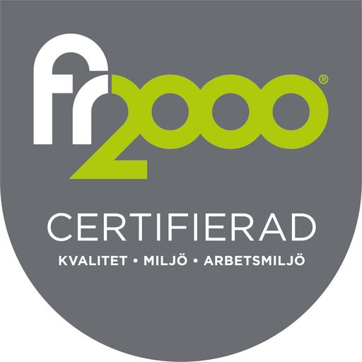 Grått certifieringsmärke med FR2000:s logotyp