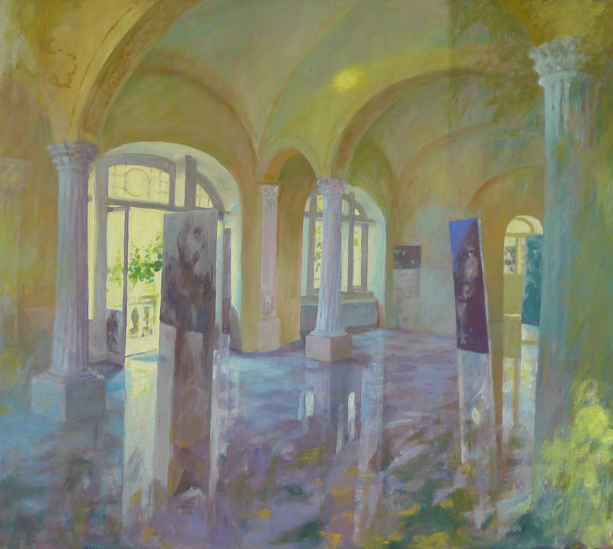 Spegling 43: Målning av rum med med valv och pelare som speglas i fönster. 