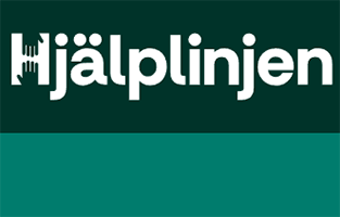 Hjälplinjens logotyp med text Hjälplinjen i vit text mot en grön bakgrund