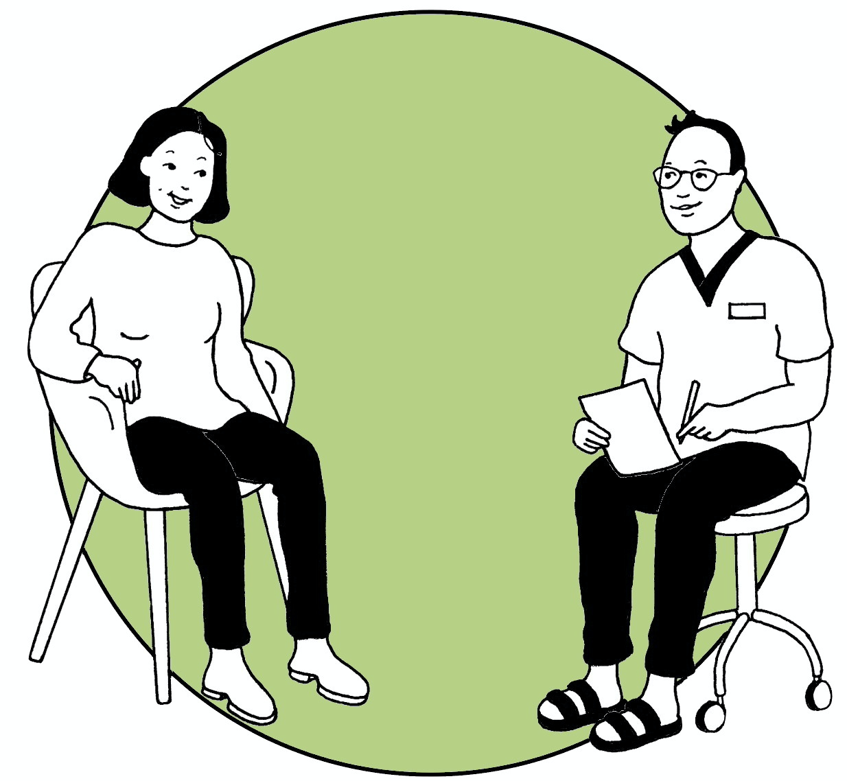 Tecknad bild med en kvinna som samtalar med en manlig vårdgivare. Han för anteckningar på ett papper. Teckningen ramas in av en grön cirkelformad bottenplatta. Illustration Majsan Sundell.