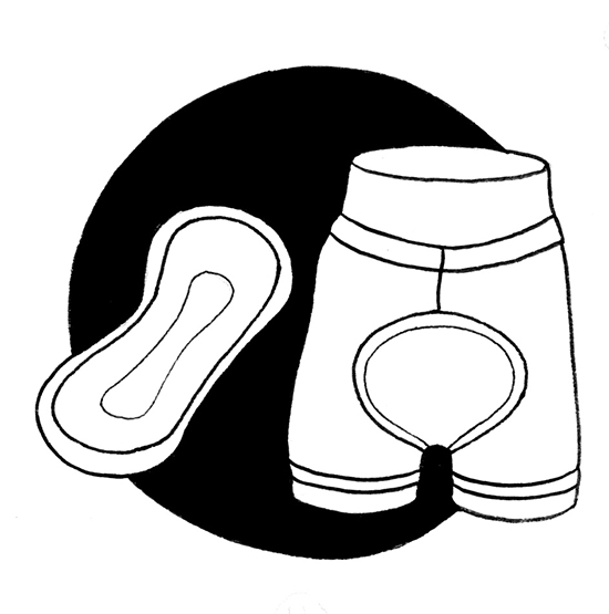 Bild av inkontinenshjälpmedel, en provdocka har en binda som hålls på plats av en fixeringsbyxa. Tecknad mot en svart cirkelformad bottenplatta. Illustration av Majsan Sundell