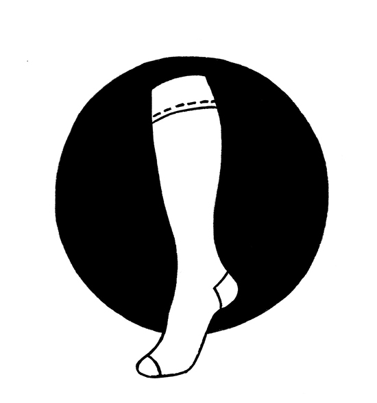 Knästrumpa, tecknad mot en svart cirkelformad bottenplatta. Illustration Majsan Sundell