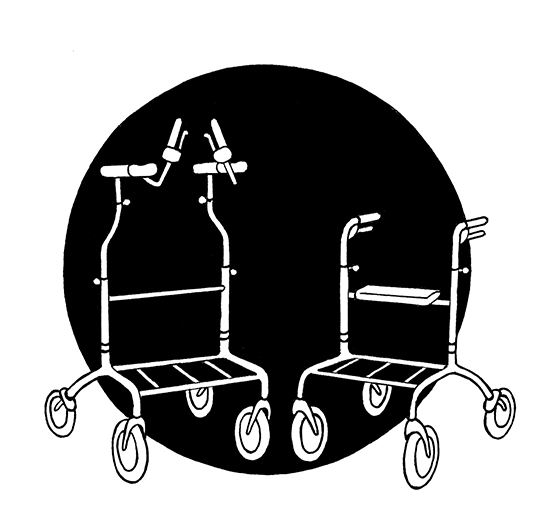 Tecknad bild på två olika rollatorer. tecknade mot en svart cirkelformad bottenplatta. Illustration Majsan Sundell