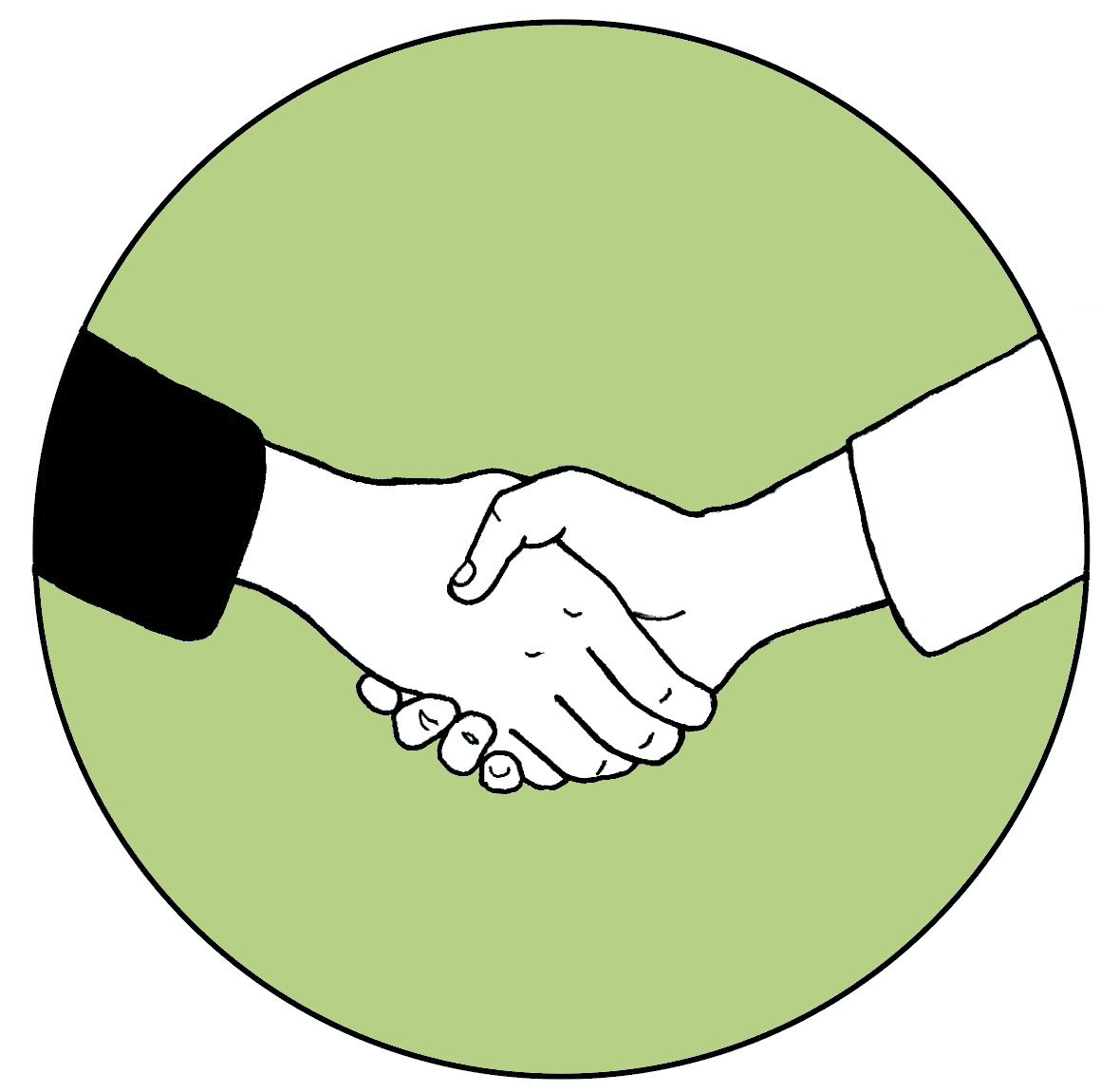Tecknad bild av ett handslag. Bakgrunden är en grön cirkelformad bottenplatta. Illustration Majsan Sundell.