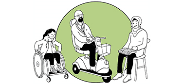 Tecknad bild med tre personer som använder olika hjälpmedel. En flicka till vänster i bilden kör en manuell rullstol, mannen i mitten sitter i en elrullstol med styre och kvinnan till höger i bild pratar genom en apparat. De tecknade personerna ramas in av en grön cirkelformad bottenplatta. Illustration Majsan Sundell.