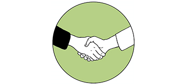 Tecknad bild av ett handslag. Bakgrunden är en grön cirkelformad bottenplatta. Illustration Majsan Sundell.