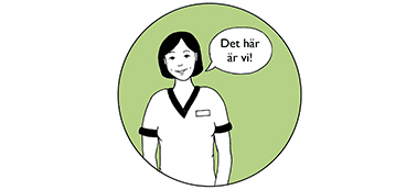 Tecknad kvinna klädd i arbetsdräkt säger: Det här är vi! 