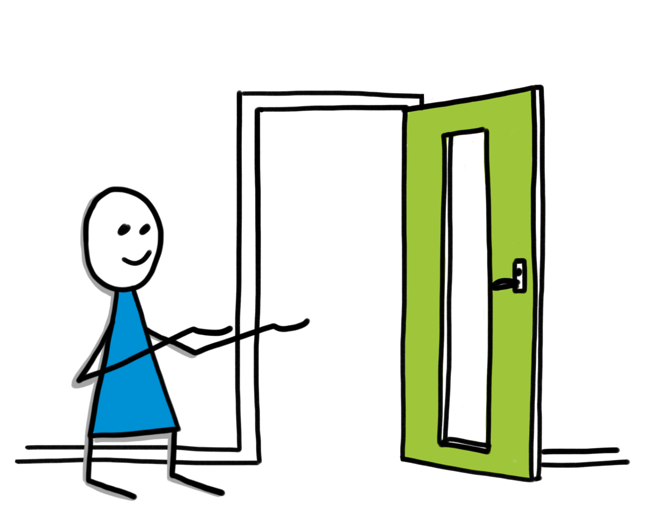Tecknad bild av en blåkläddgubbe som håller armarna välkomnande in genom en öppen, grön dörr. Illustration E-kommunicera