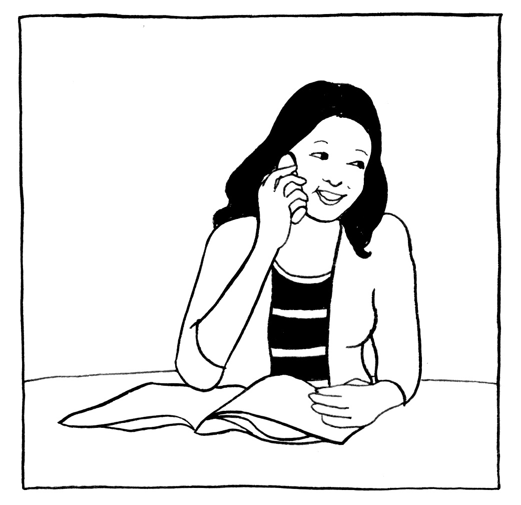 Tecknad bild av en kvinna som sitter vid ett bord pratandes i telefon. Illustration Majsan Sundell