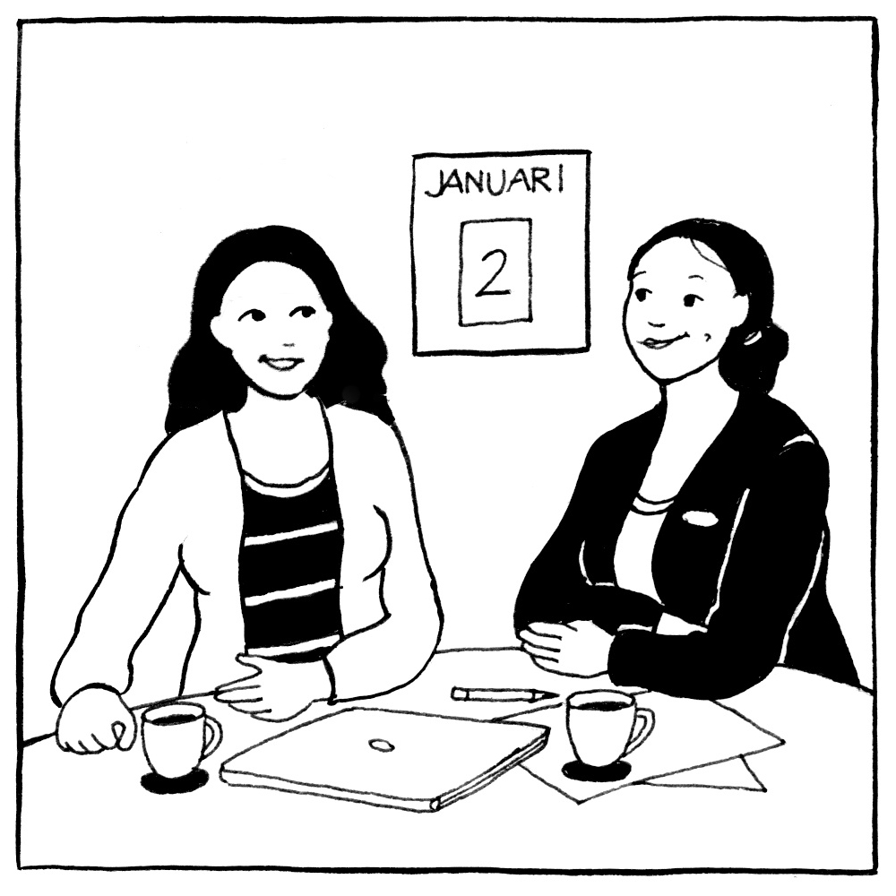 Tecknad bild på två personer som samtalar vid ett bord. På bordet finns dator, papper, penna och kaffekoppar. På väggen en kalender med datum 2 januari. Illustration Majsan Sundell