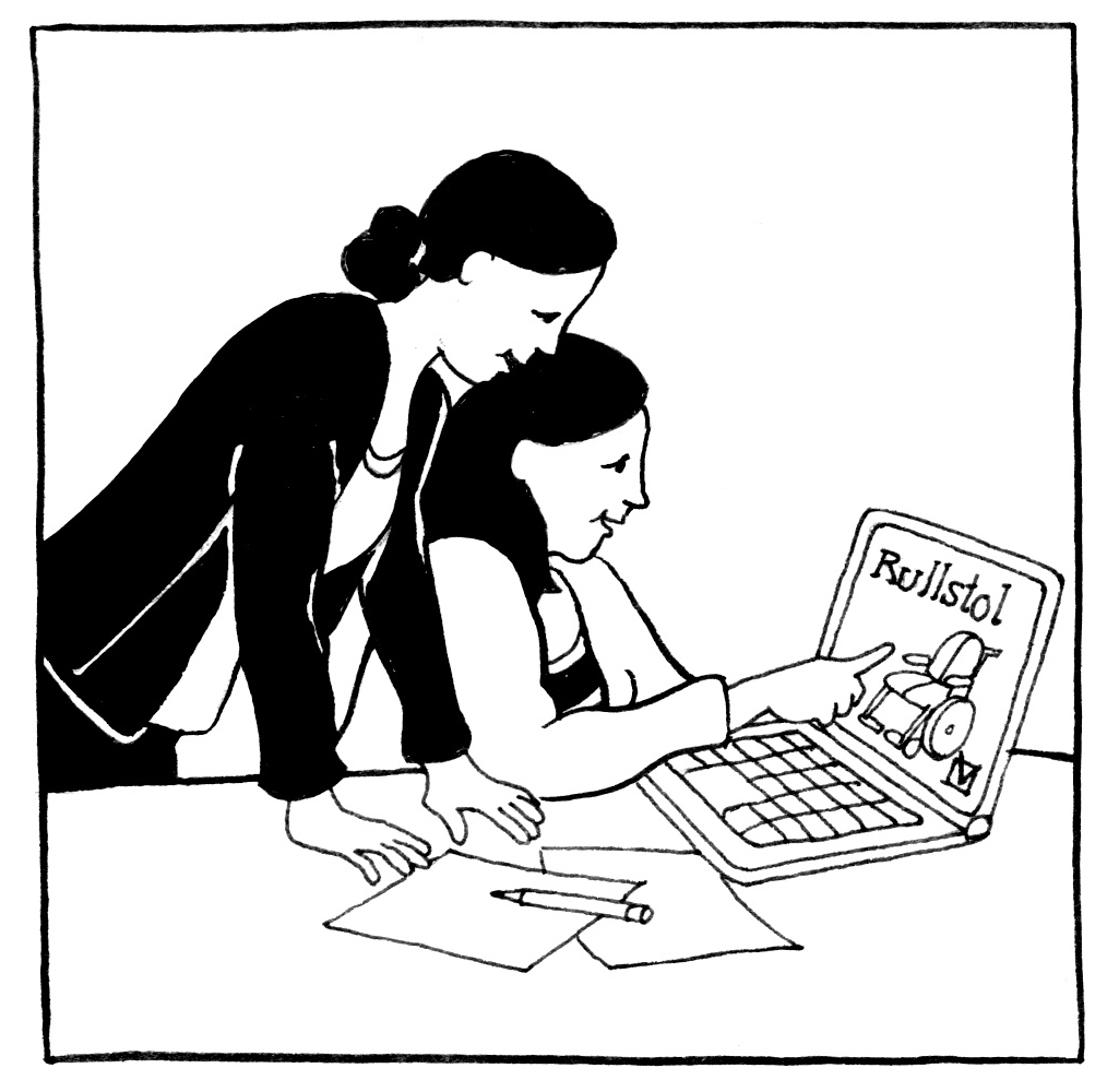 Tecknad bild av två personer som tittar och pratar om en rullstol på en datorskärm. Illustration Majsan Sundell