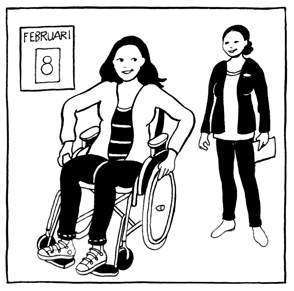 Tecknad bild på en kvinna som sitter i och kör en rullstol. I bakgrunden syns en annan kvinna, på väggen syns en kalender med datum 8 februari. Illustration Majsan Sundell