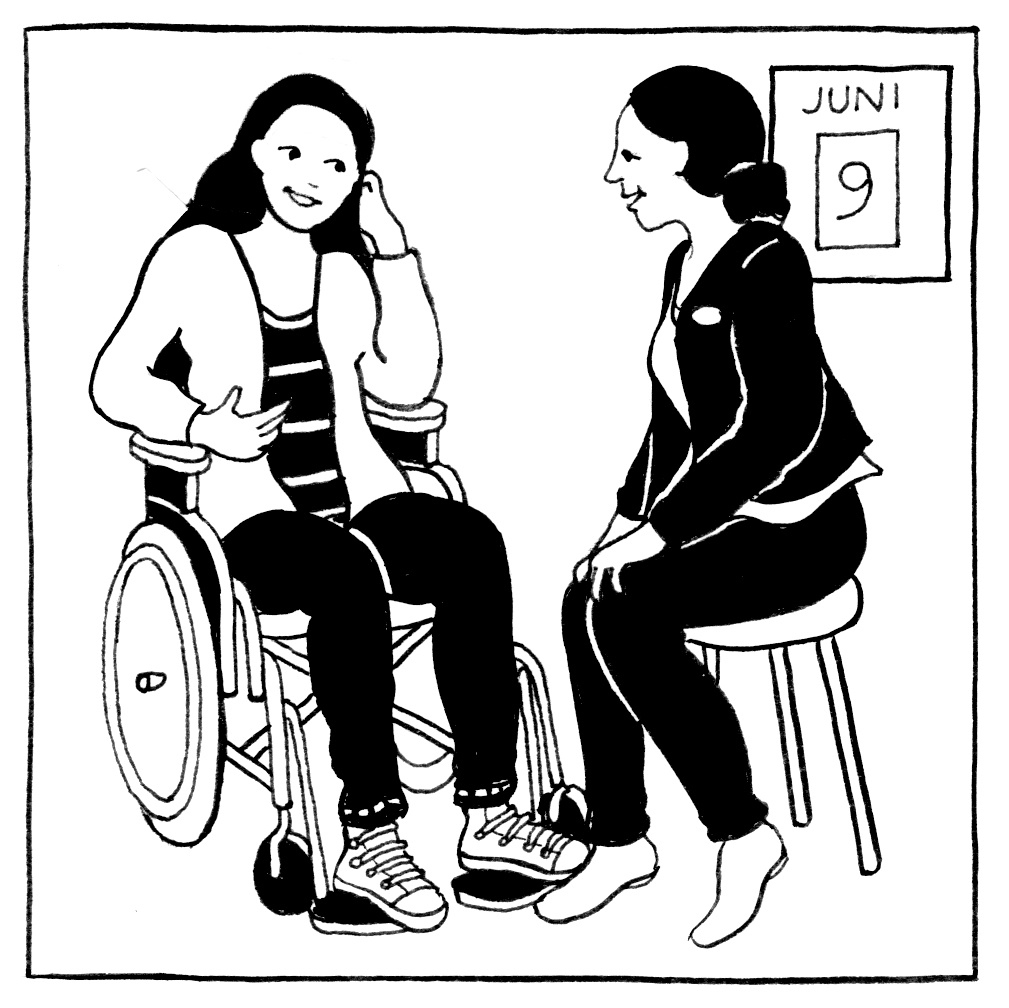 Tecknad bild med två kvinnor som samtalar, den ena sitter i rullstol den andra på en pall. I bakgrunden syns en kalender med datum 9 juni. Illustration Majsan Sundell.