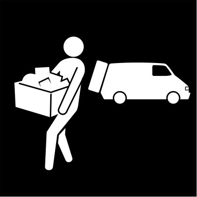 Svartvit tecknad bild av en person som levererar en kartong. I bakgrunden syns en bil. Illustration Pictogram