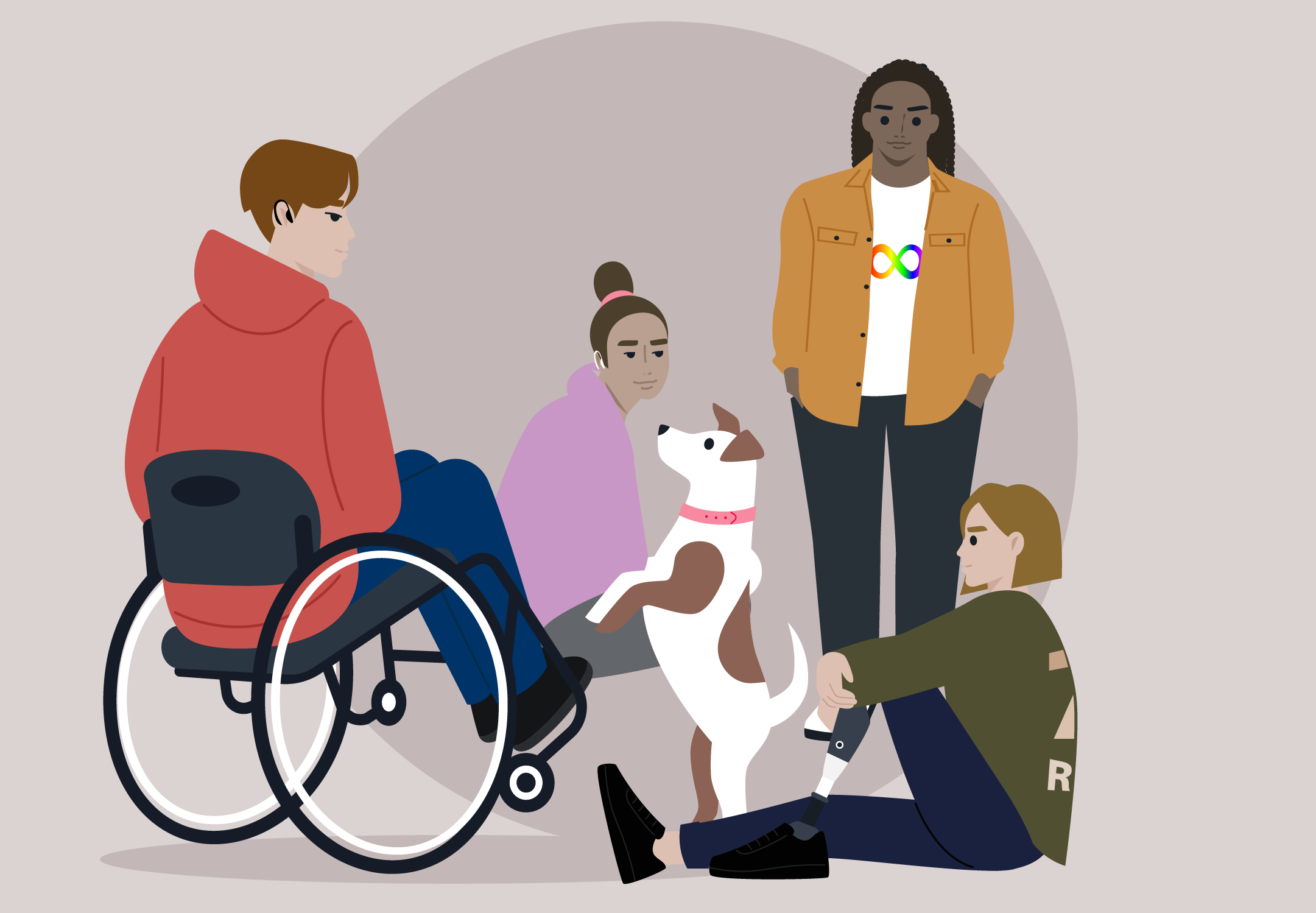 Illustration. Fyra personer och en hund. En kille sitter i rullstol. 