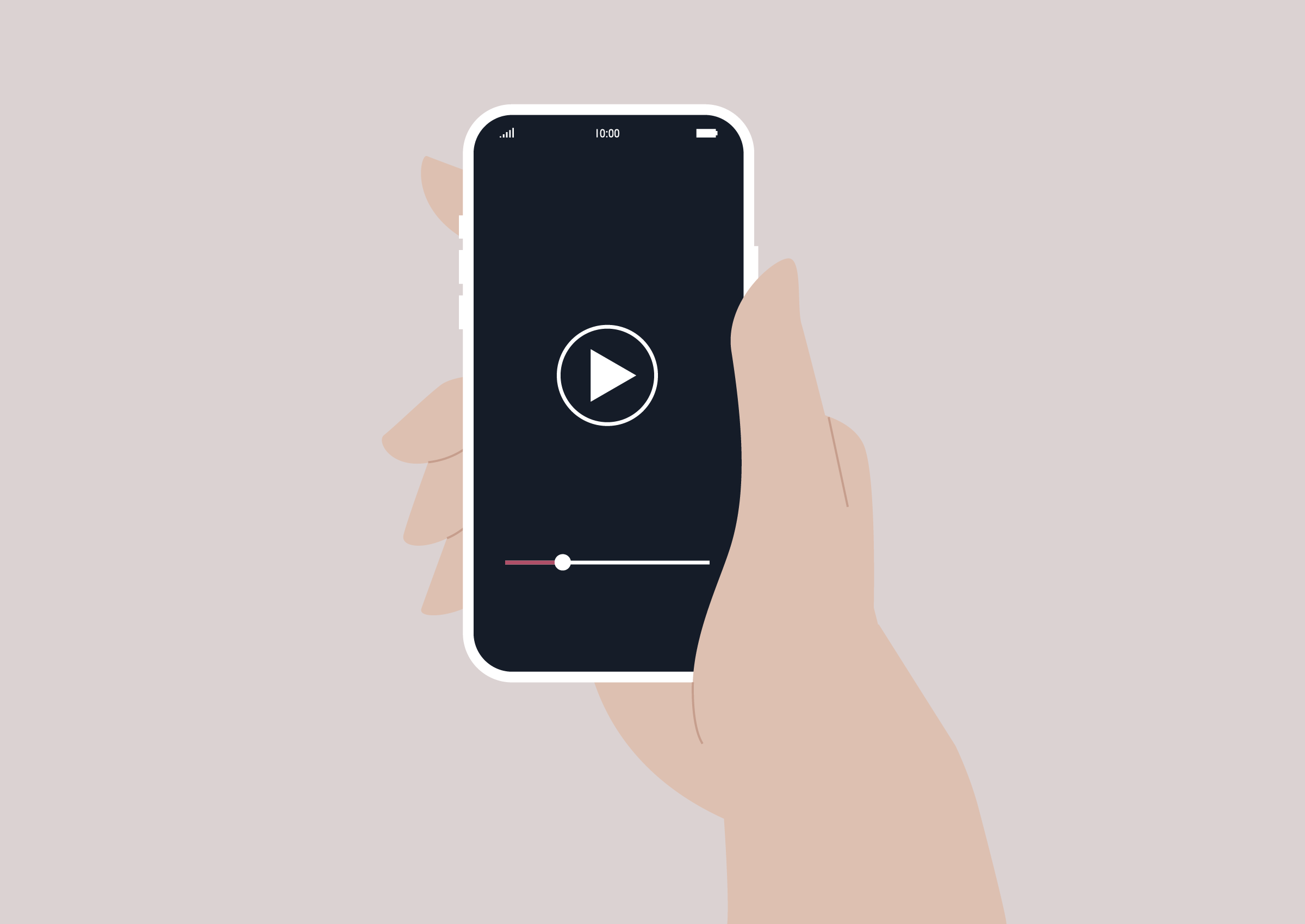 Illustration, en hand håller i en mobiltelefon där en videoruta syns. 