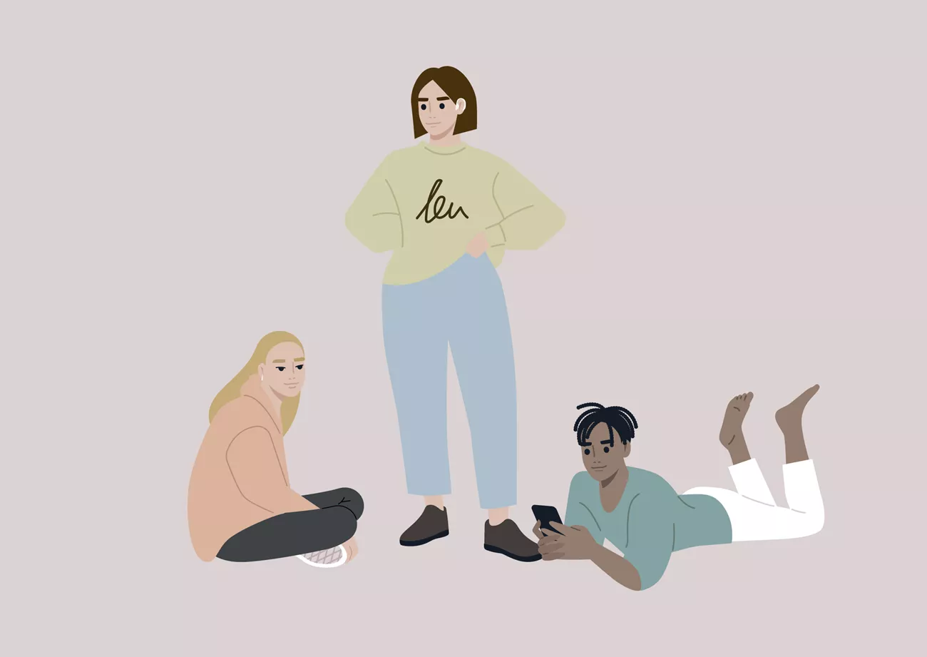 Tre illustrerade personer. En sitter till vänster, en står i mitten och en till höger som ligger ner.