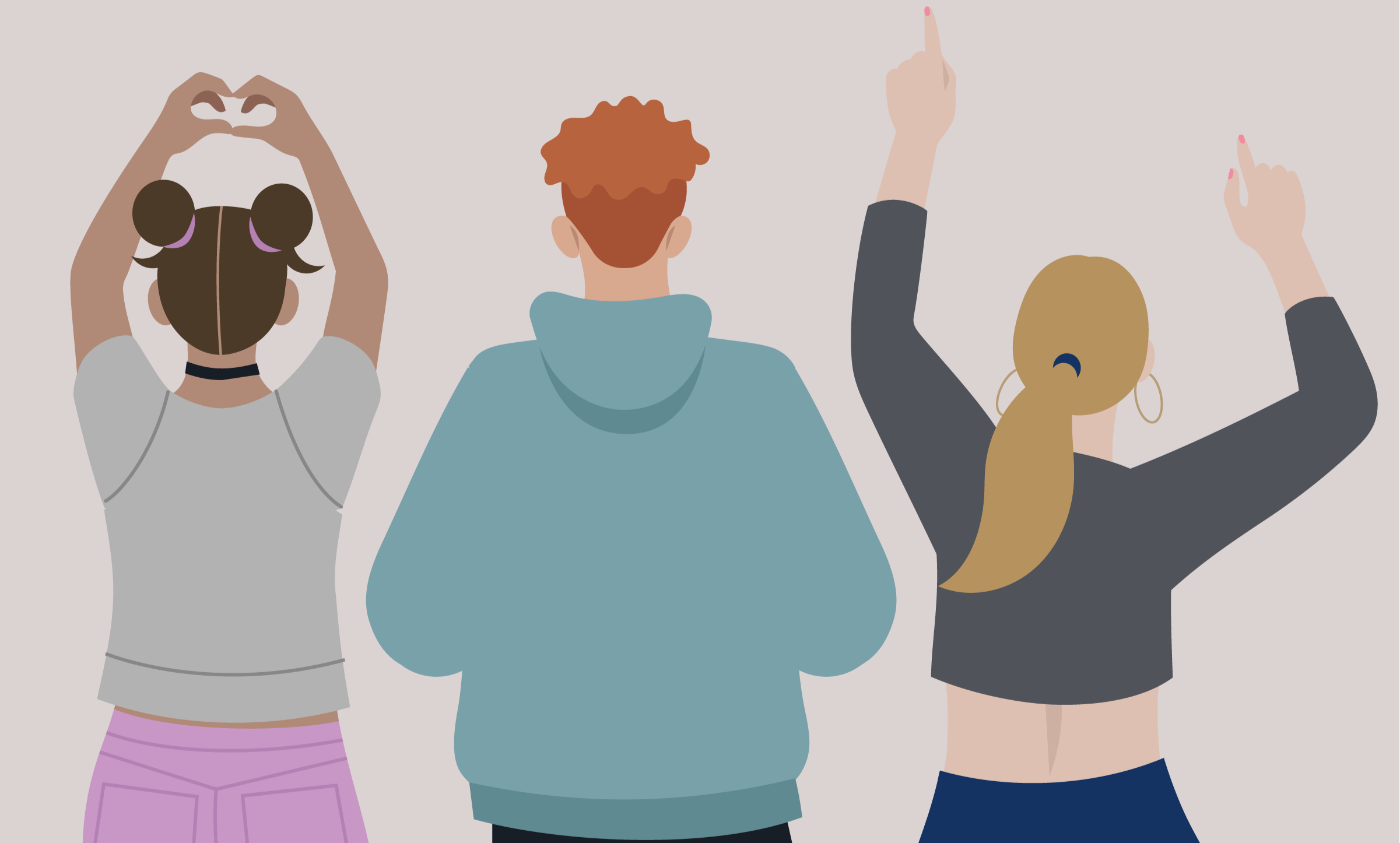 Tre illustrerade ungdomar som gör gester i  luften.