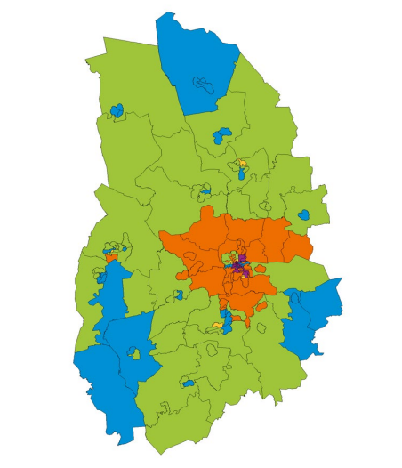 En karta över Örebro län där socioekonomiska kluster markerats i olika färger.