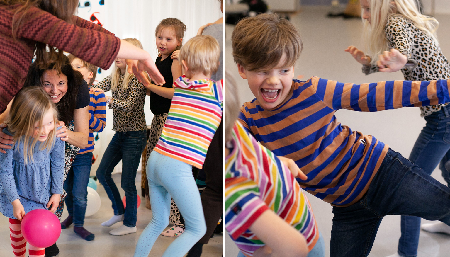 Bilder på barn som dansar och leker. 