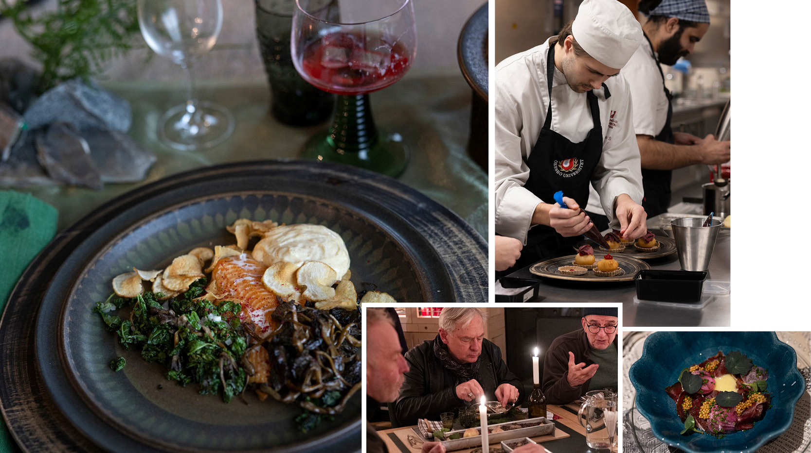 Fotocollage av maträtter, kockelever och gäster som provsmakar