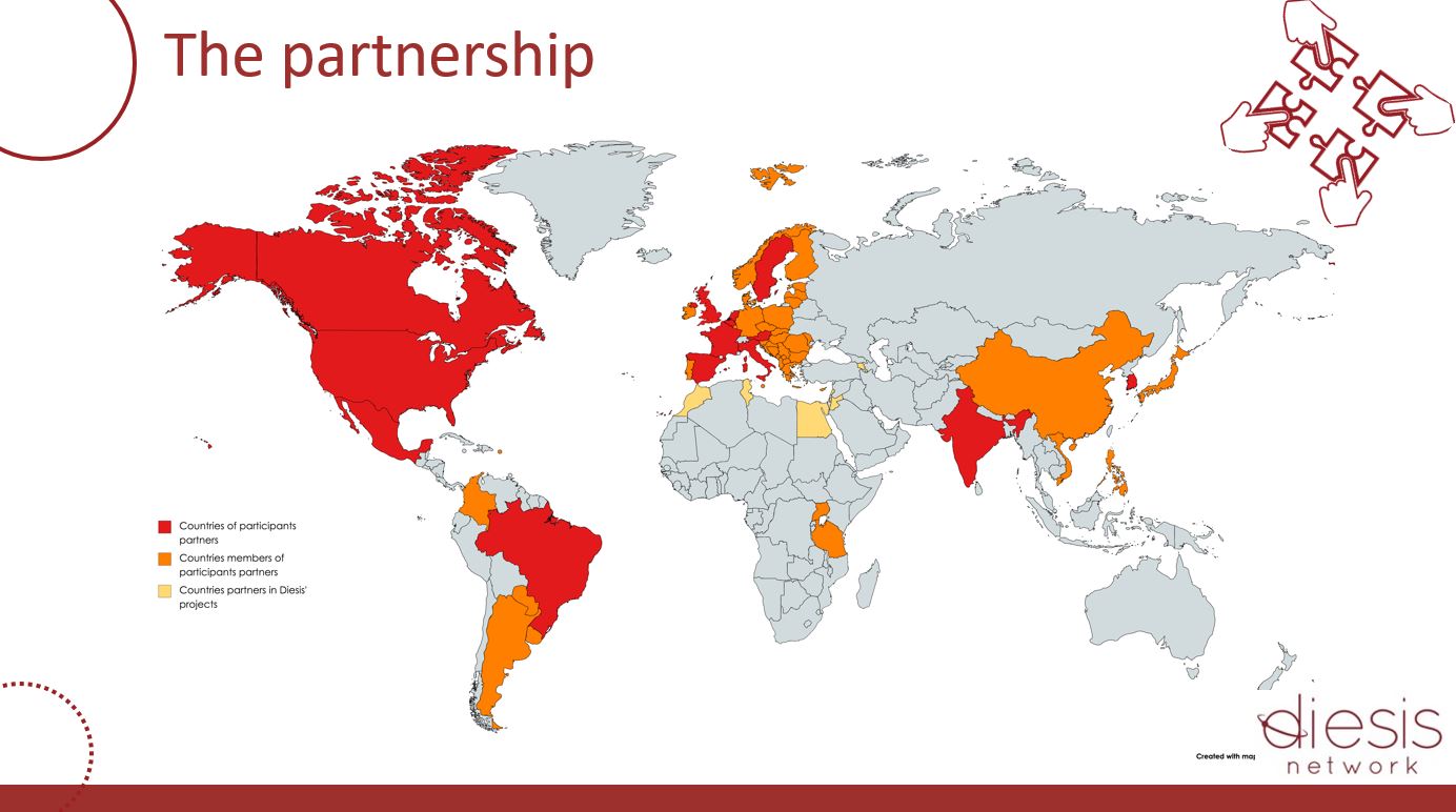 Världskarta där länder till deltagande parter är markerade i rött, medlemsländer markerade i orange och länder som är parter i Diesis projekt är markerade i gult