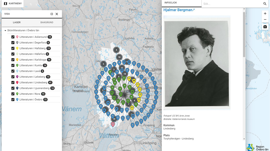 Kartbild Örebro län med platser som är omskrivna i litteraturen utmarkerade