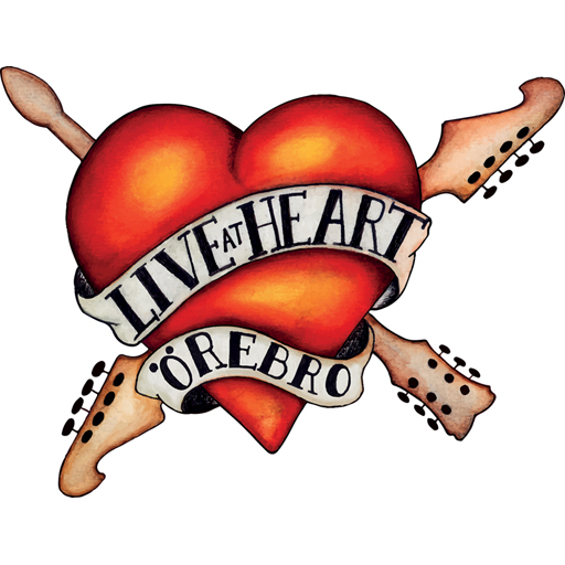 Live at heart Örebro-logotyp i form av ett tecknat hjärta med gitarrer som "kors"