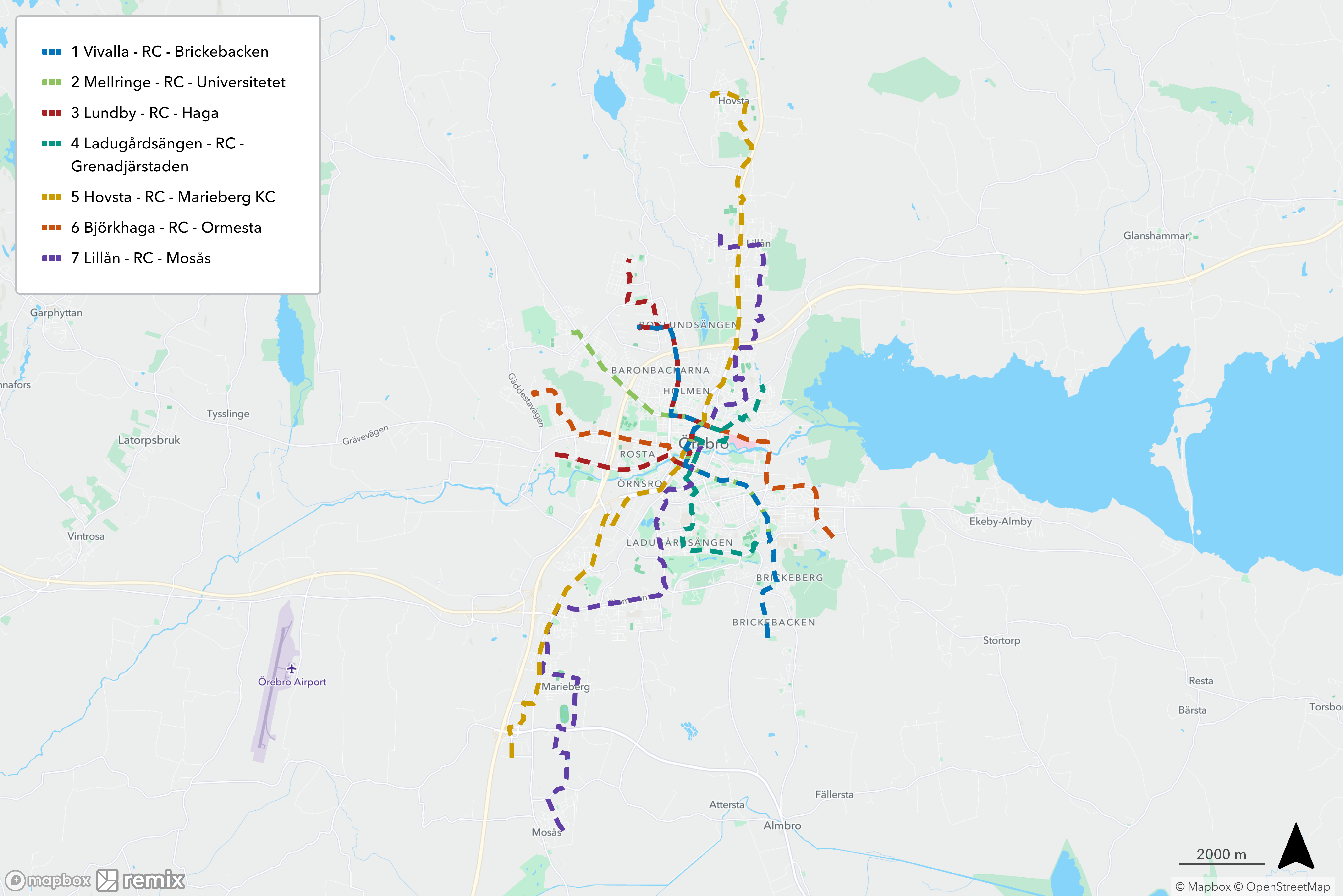 Karta Örebro kommun med linjesträckningen för de sju nya linjerna.