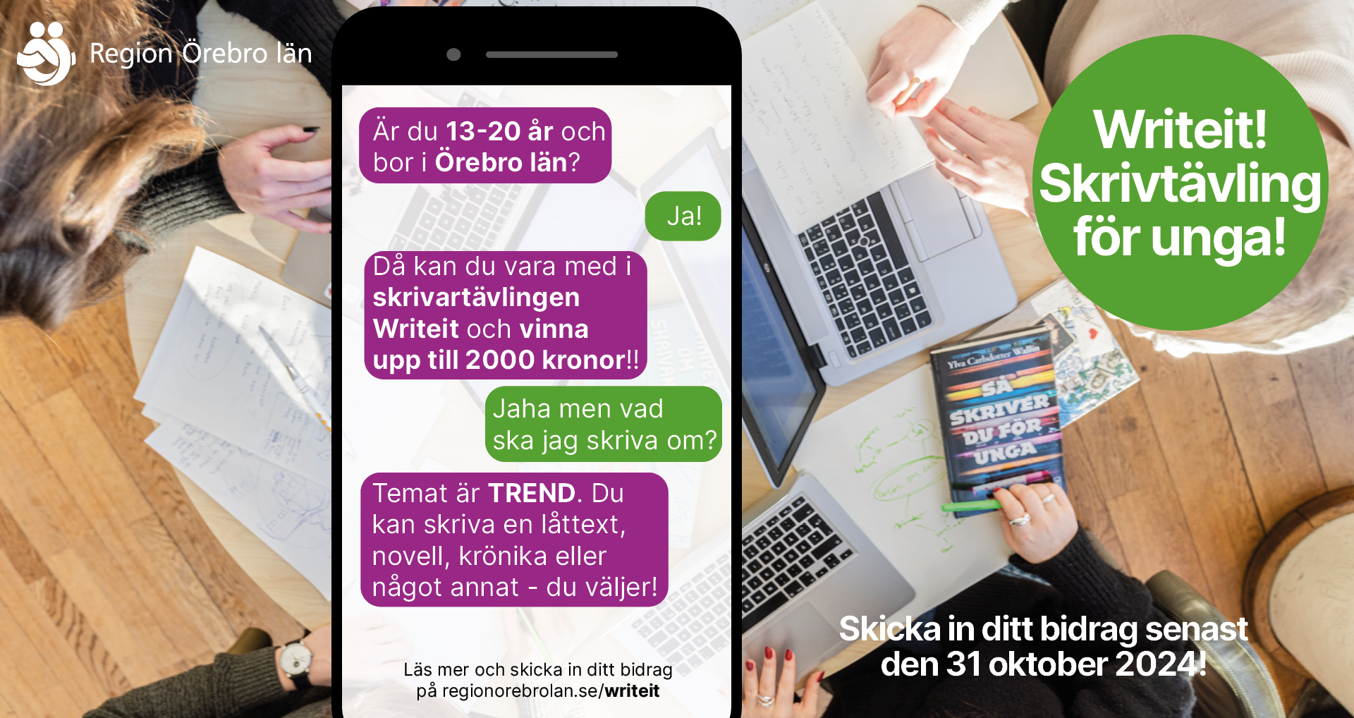 Bild om skrivartävlingen Writeit för ungdomar i Örebro. Avslutas den 31 oktober 2024.