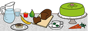 Bord med mat som kaffe, bröd, frukt, tårta, bulle och dricka